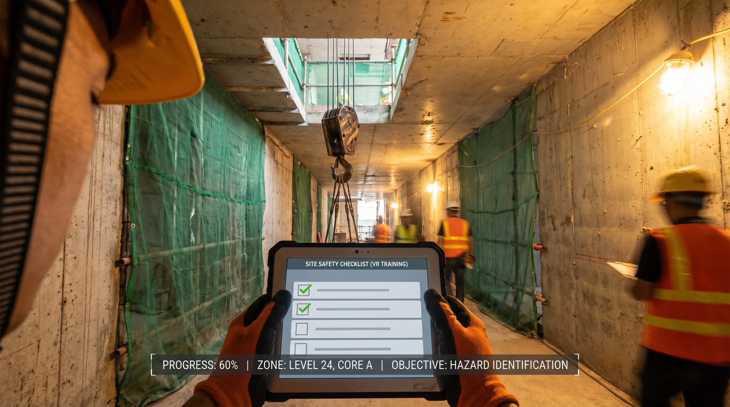 第一身POV視角：工人在虛擬香港建造工地走廊中進行安全檢查，VR培訓HUD清晰可見