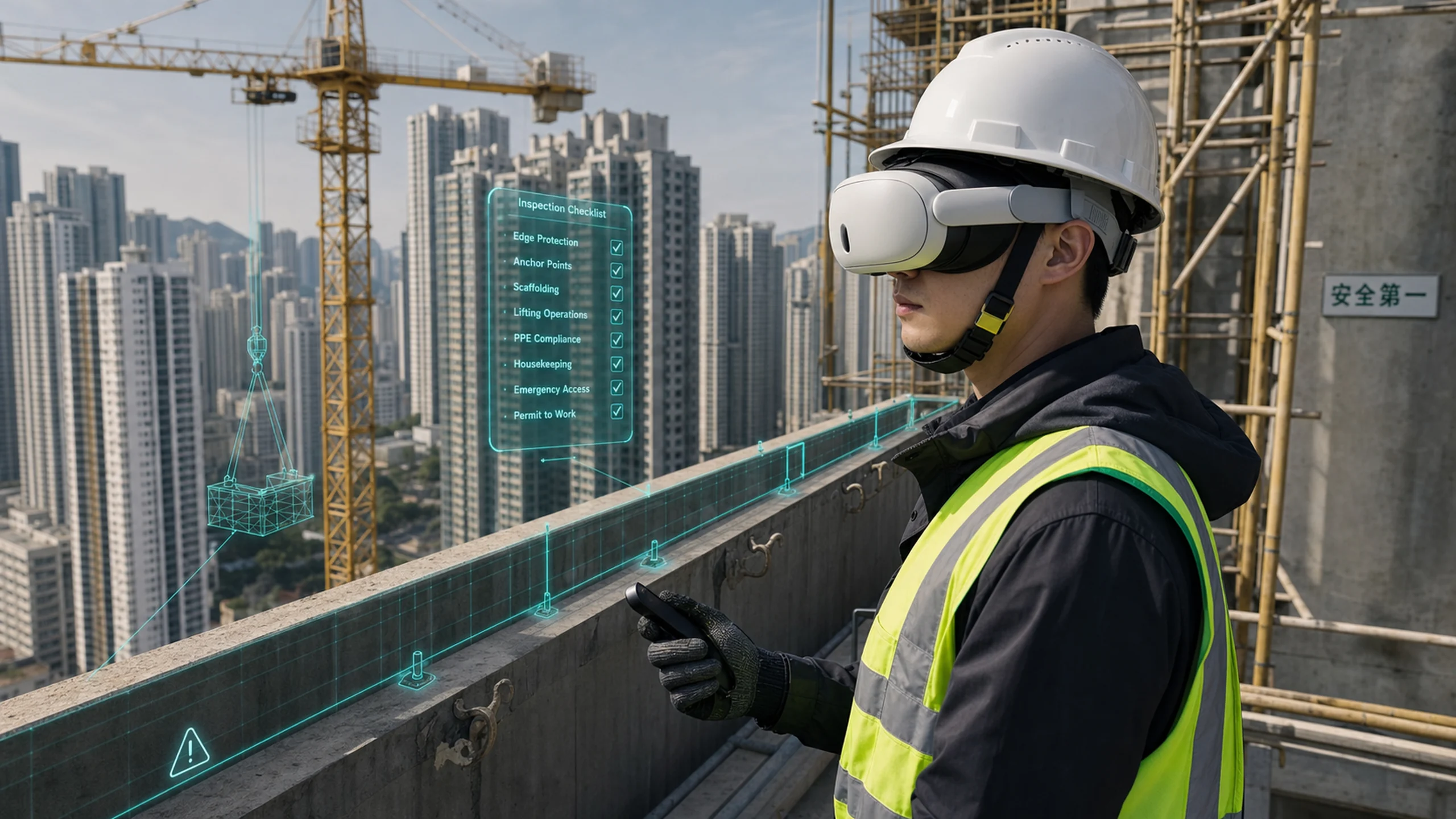 混合實境（MR）職安合規培訓：香港地盤工人戴 VR visor 進行虛擬安全合規檢查