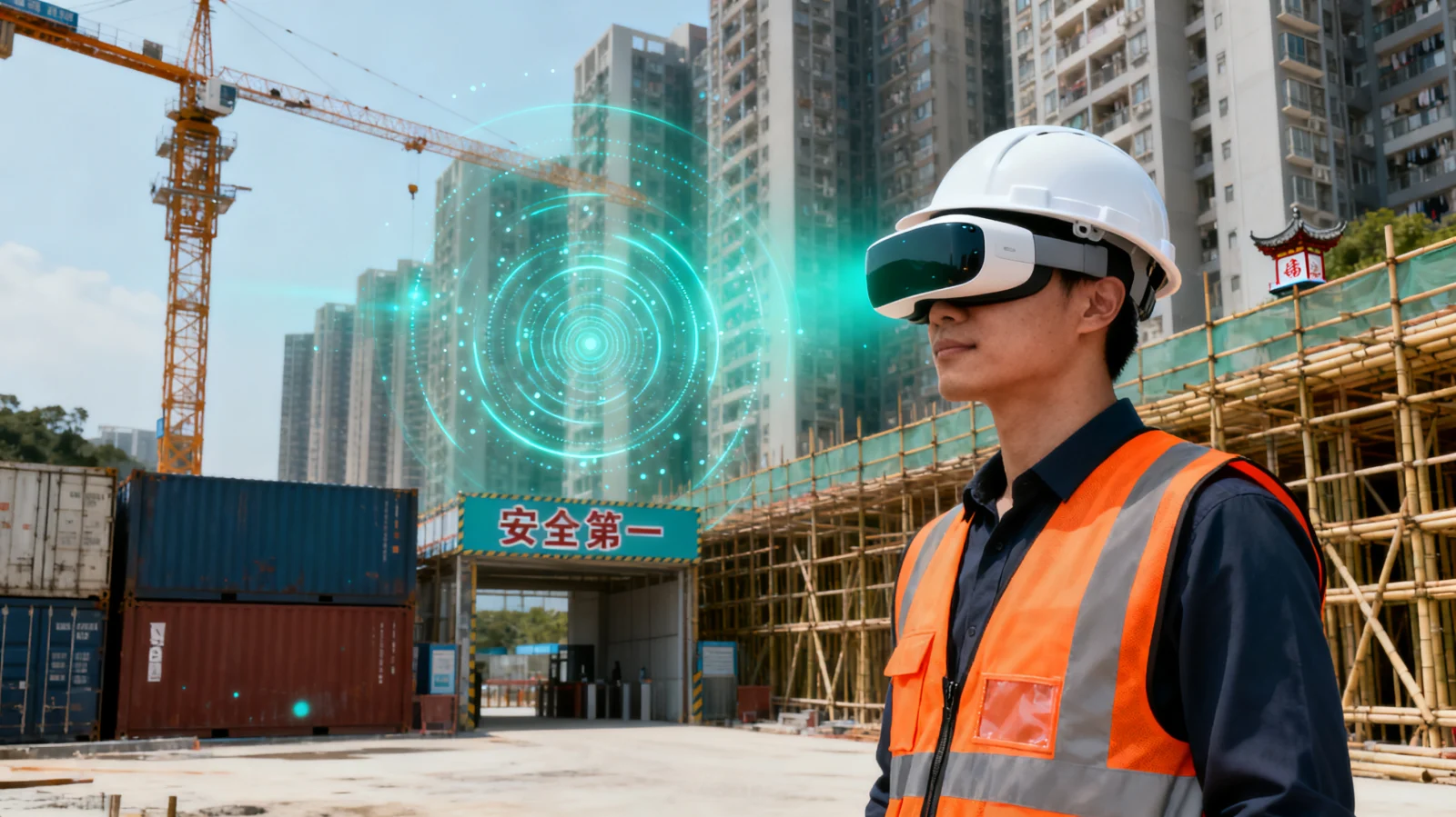戴著沉浸式 VR 頭戴裝置的建造業安全主管，站在設有竹棚架及塔式起重機的工地入口，說明可申請 CITF 資助的 VR 安全培訓