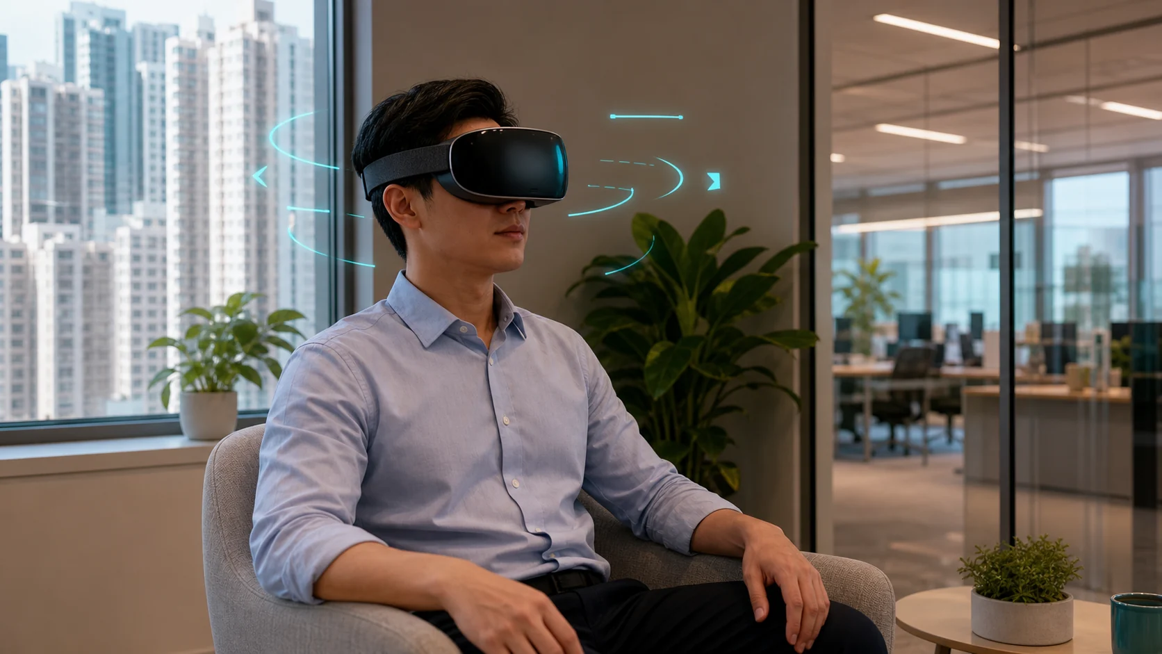 香港辦公室員工戴 VR 頭顯，在靜音角落進行職場心理韌性培訓，窗外為住宅大廈