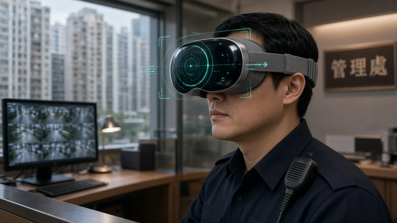 香港屋苑管理處保安主任戴沉浸式 VR 頭顯接受培訓，背景為管理處招牌、閉路電視螢幕及窗外住宅大廈